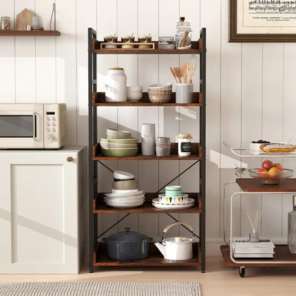 5-Tier Bookshelf with 4 Hooks Industrial Storage Bookcase-Rustic Brown Costway