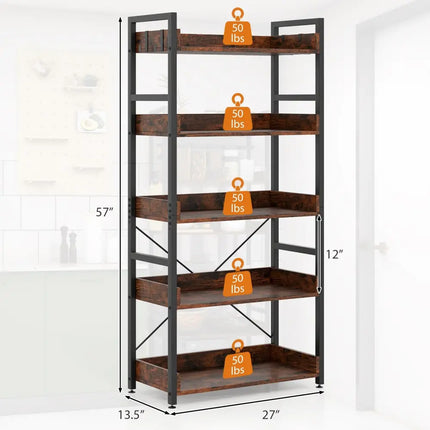 5-Tier Bookshelf with 4 Hooks Industrial Storage Bookcase-Rustic Brown Costway