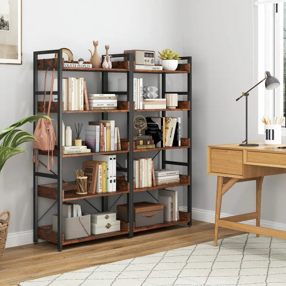 5-Tier Bookshelf with 4 Hooks Industrial Storage Bookcase-Rustic Brown - Rustic Brown - Bookcases