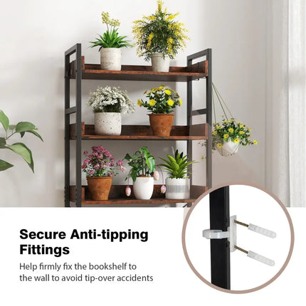 5-Tier Bookshelf with 4 Hooks Industrial Storage Bookcase-Rustic Brown Costway