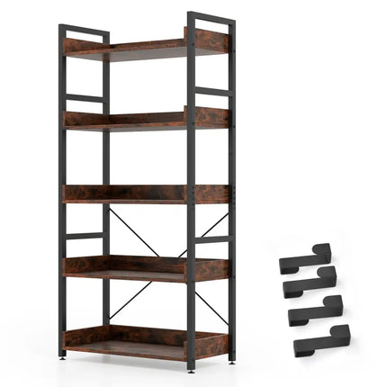 5-Tier Bookshelf with 4 Hooks Industrial Storage Bookcase-Rustic Brown Costway