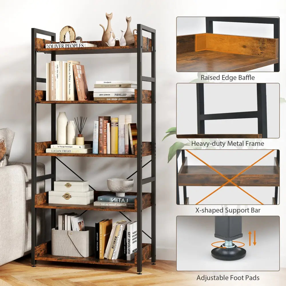 5-Tier Bookshelf with 4 Hooks Industrial Storage Bookcase-Rustic Brown - Rustic Brown - Bookcases