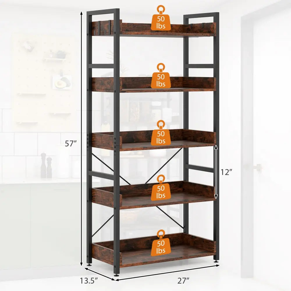 5-Tier Bookshelf with 4 Hooks Industrial Storage Bookcase-Rustic Brown - Rustic Brown - Bookcases