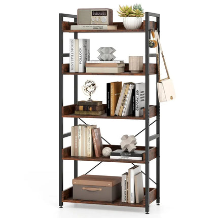 5-Tier Bookshelf with 4 Hooks Industrial Storage Bookcase-Rustic Brown Costway