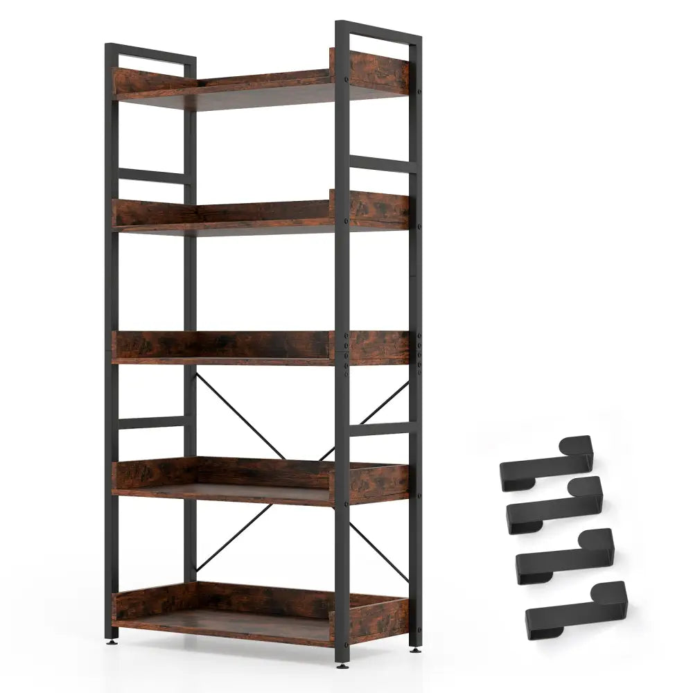 5-Tier Bookshelf with 4 Hooks Industrial Storage Bookcase-Rustic Brown - Rustic Brown - Bookcases