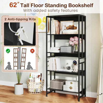 5-Tier Bookshelf with Adjustable and Tiltable Shelves-Black Costway