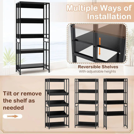 5-Tier Bookshelf with Adjustable and Tiltable Shelves-Black Costway