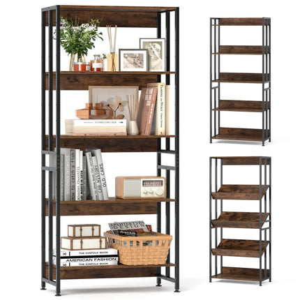 5-Tier Bookshelf with Adjustable and Tiltable Shelves-Rustic Brown Costway