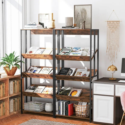 5-Tier Bookshelf with Adjustable and Tiltable Shelves-Rustic Brown Costway