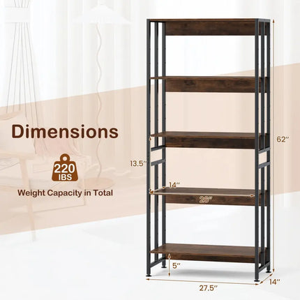 5-Tier Bookshelf with Adjustable and Tiltable Shelves-Rustic Brown Costway