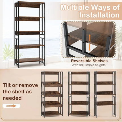 5-Tier Bookshelf with Adjustable and Tiltable Shelves-Rustic Brown Costway