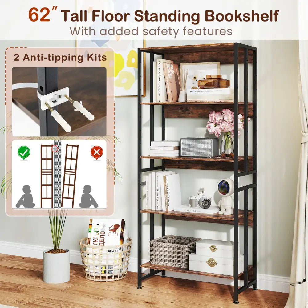 5-Tier Bookshelf with Adjustable and Tiltable Shelves-Rustic Brown - Rustic Brown - Bookcases