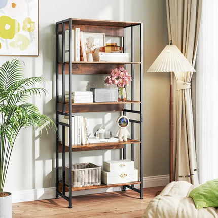 5-Tier Bookshelf with Adjustable and Tiltable Shelves-Rustic Brown Costway