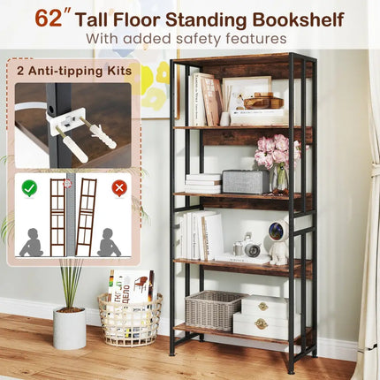 5-Tier Bookshelf with Adjustable and Tiltable Shelves-Rustic Brown Costway