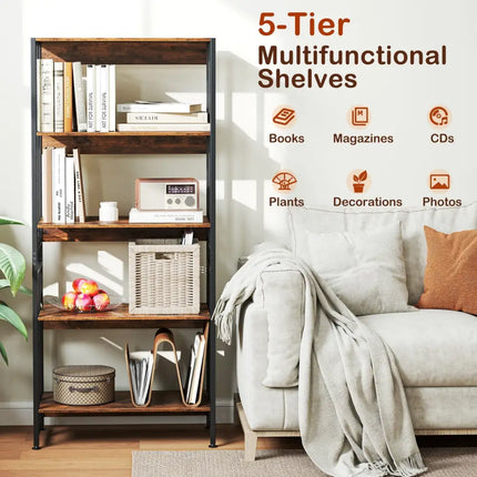 5-Tier Bookshelf with Adjustable and Tiltable Shelves-Rustic Brown Costway