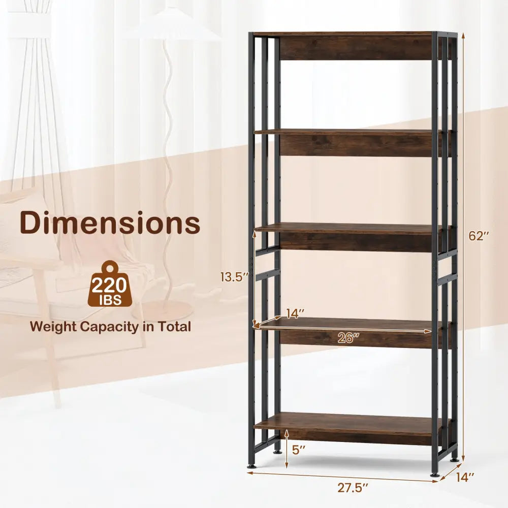 5-Tier Bookshelf with Adjustable and Tiltable Shelves-Rustic Brown - Rustic Brown - Bookcases