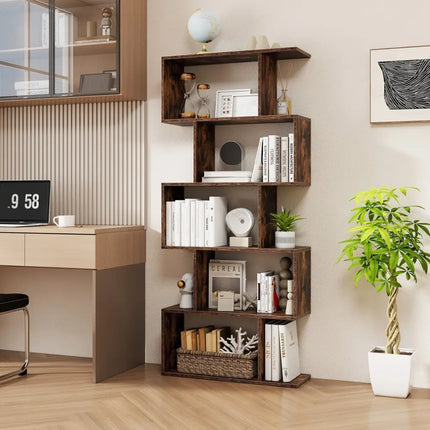 5-Tier Bookshelf with Anti-Toppling Device for Living Room Home Office-Rustic Brown Costway