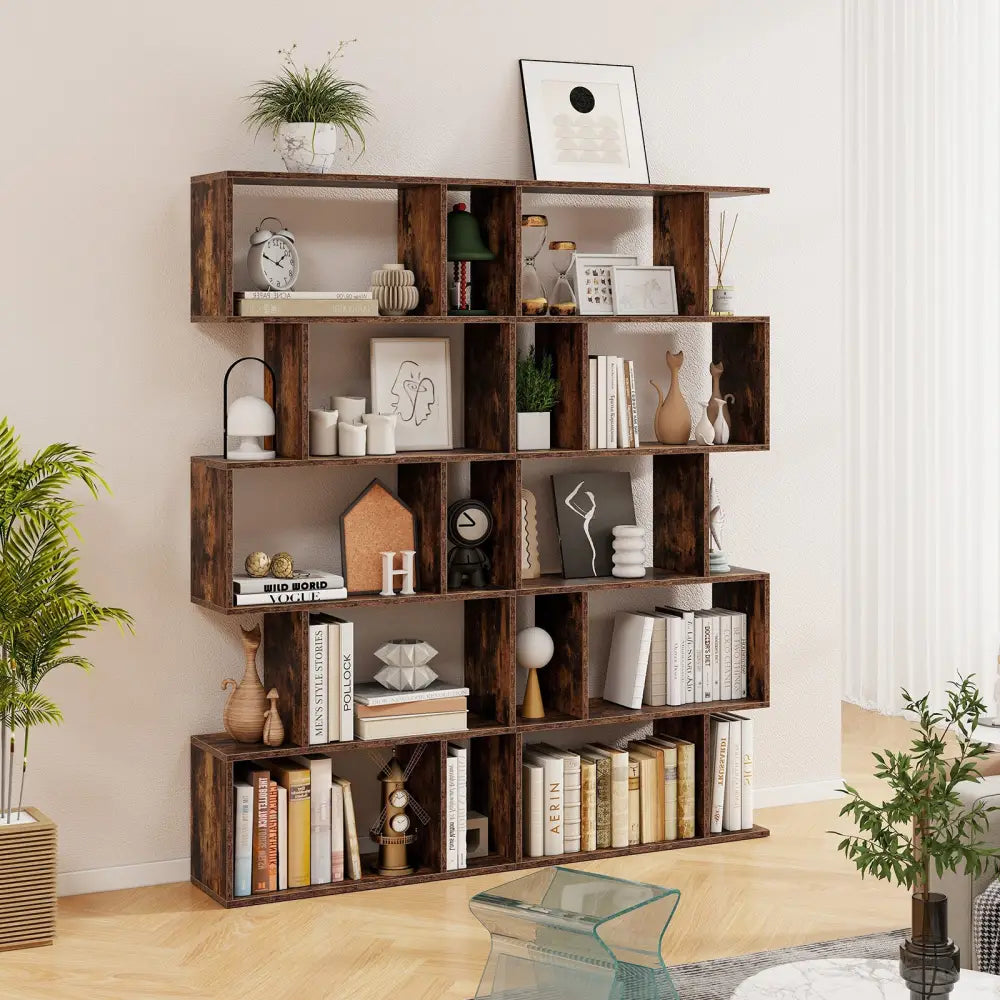 5-Tier Bookshelf with Anti-Toppling Device for Living Room Home Office-Rustic Brown - Rustic Brown - Bookcases