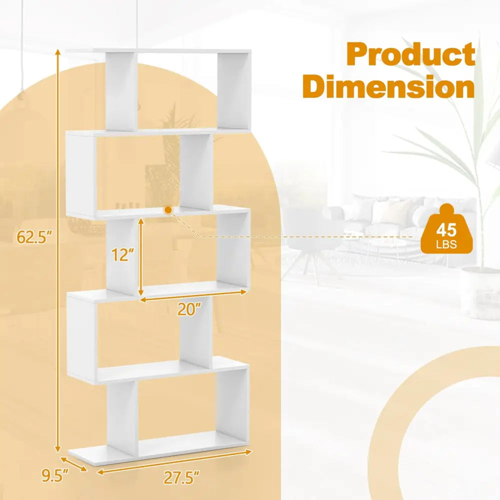 5-Tier Bookshelf with Anti-Toppling Device for Living Room Home Office-White - White - Bookcases