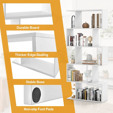 5-Tier Bookshelf with Anti-Toppling Device for Living Room Home Office-White Costway