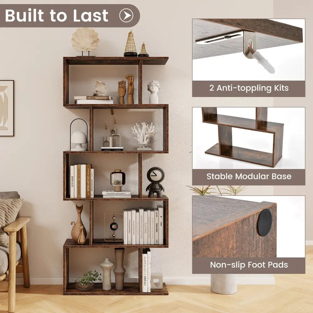 5-Tier Bookshelf with Anti-Toppling Device for Living Room Home Office-Rustic Brown - Rustic Brown - Bookcases