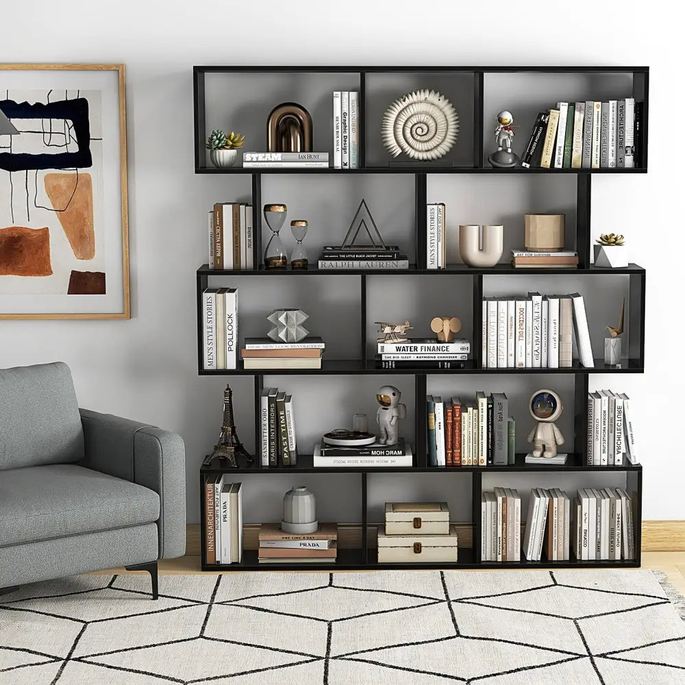 5-Tier Bookshelf with Anti-Toppling Device for Living Room Home Office-Black - Black - Bookcases