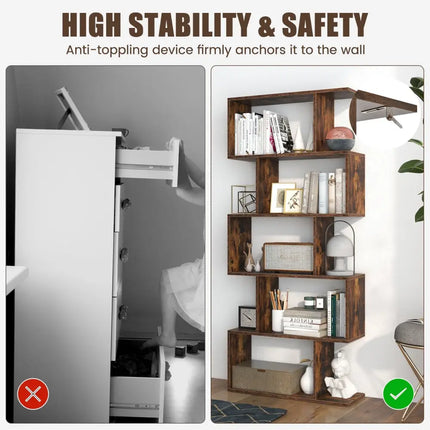5-Tier Bookshelf with Anti-Toppling Device for Living Room Home Office-Rustic Brown Costway