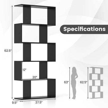 5-Tier Bookshelf with Anti-Toppling Device for Living Room Home Office-Black Costway