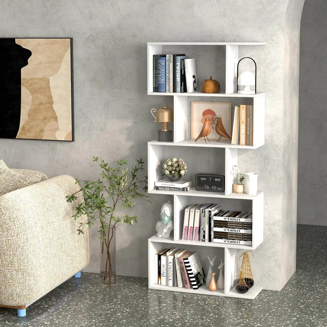 5-Tier Bookshelf with Anti-Toppling Device for Living Room Home Office-White Costway