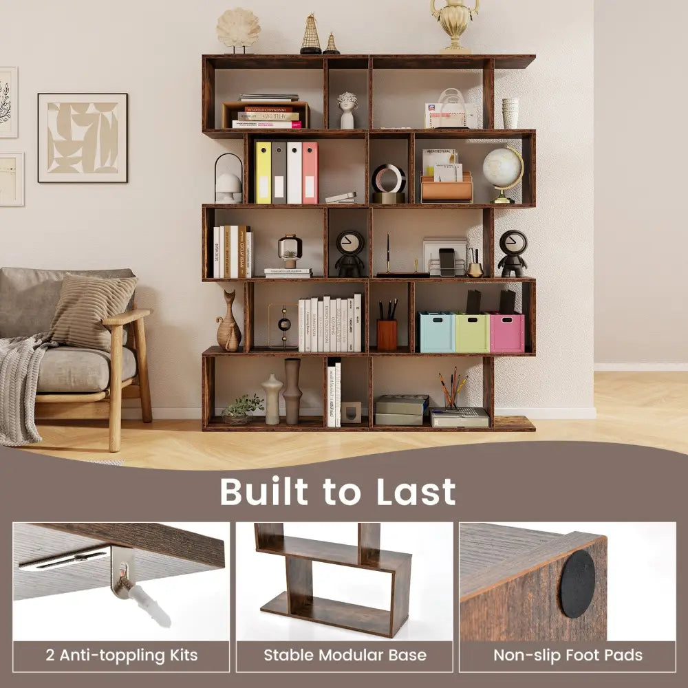 5-Tier Bookshelf with Anti-Toppling Device for Living Room Home Office-Rustic Brown - Rustic Brown - Bookcases