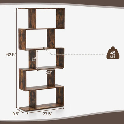 5-Tier Bookshelf with Anti-Toppling Device for Living Room Home Office-Rustic Brown Costway