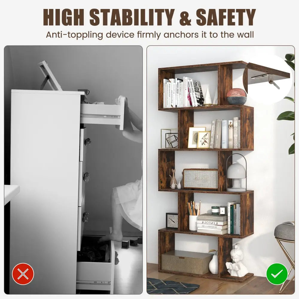 5-Tier Bookshelf with Anti-Toppling Device for Living Room Home Office-Rustic Brown - Rustic Brown - Bookcases