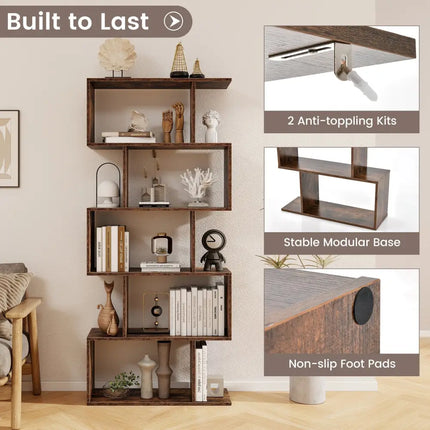 5-Tier Bookshelf with Anti-Toppling Device for Living Room Home Office-Rustic Brown Costway