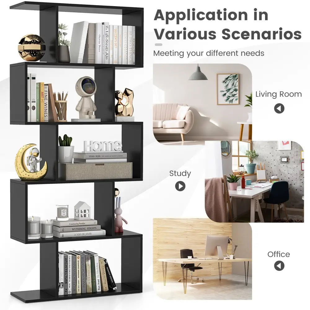5-Tier Bookshelf with Anti-Toppling Device for Living Room Home Office-Black - Black - Bookcases