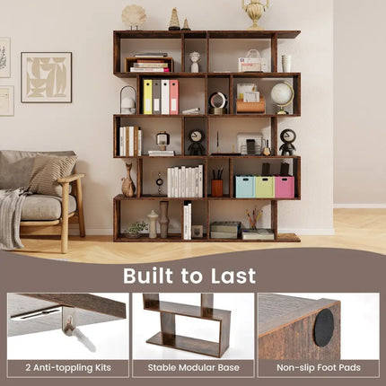 5-Tier Bookshelf with Anti-Toppling Device for Living Room Home Office-Rustic Brown Costway