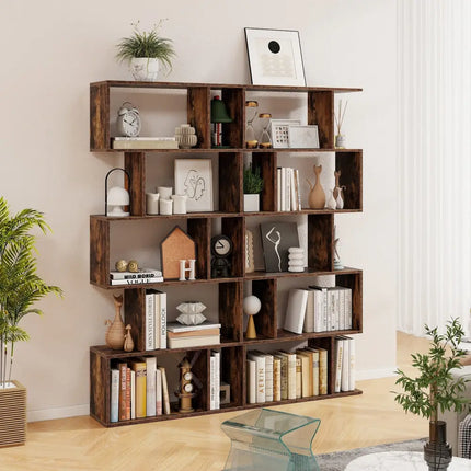 5-Tier Bookshelf with Anti-Toppling Device for Living Room Home Office-Rustic Brown Costway
