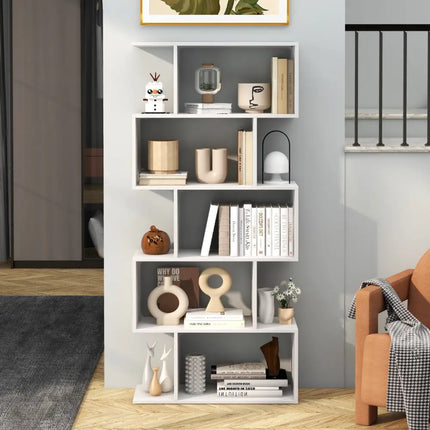 5-Tier Bookshelf with Anti-Toppling Device for Living Room Home Office-White Costway