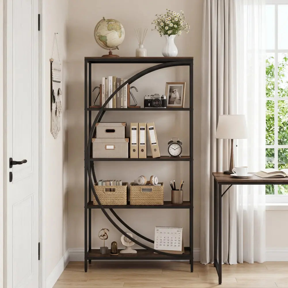5-Tier Bookshelf with Half-Moon Shape for Living Room and Home Office-Rustic Brown - Rustic Brown - Bookcases