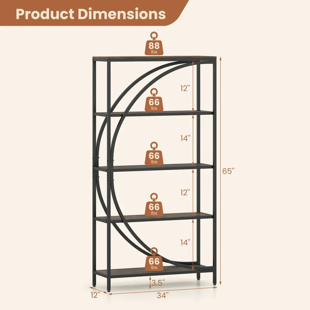5-Tier Bookshelf with Half-Moon Shape for Living Room and Home Office-Rustic Brown - Rustic Brown - Bookcases