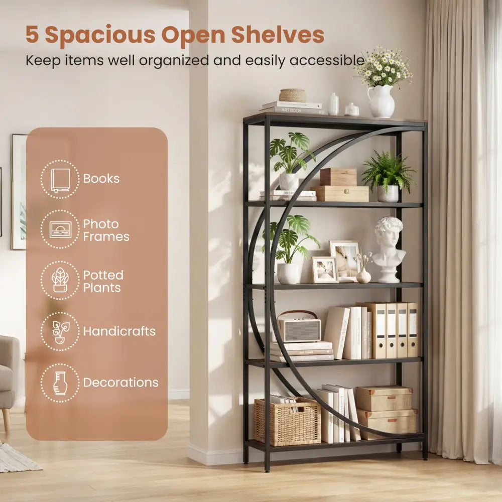 5-Tier Bookshelf with Half-Moon Shape for Living Room and Home Office-Rustic Brown - Rustic Brown - Bookcases