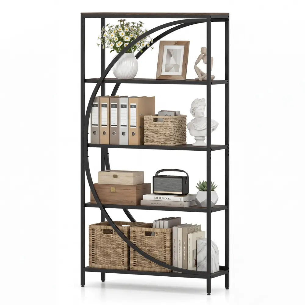 5-Tier Bookshelf with Half-Moon Shape for Living Room and Home Office-Rustic Brown - Rustic Brown - Bookcases