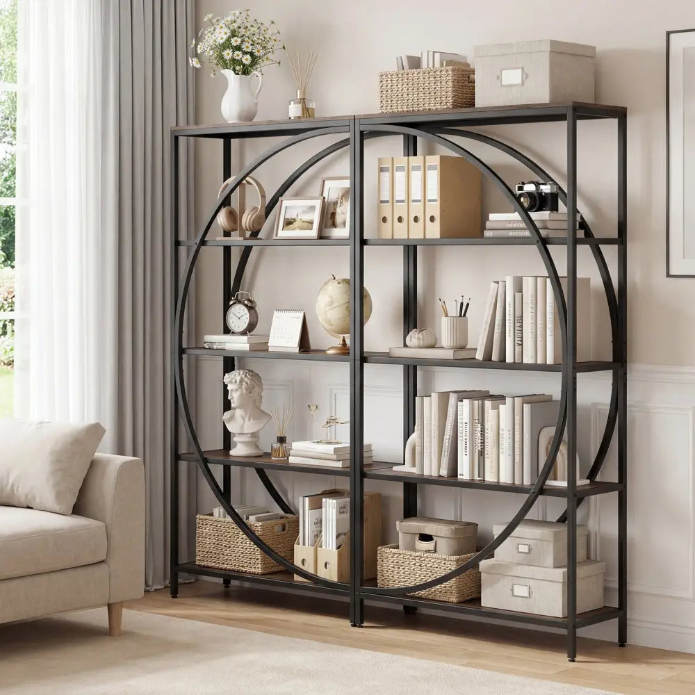 5-Tier Bookshelf with Half-Moon Shape for Living Room and Home Office-Rustic Brown - Rustic Brown - Bookcases