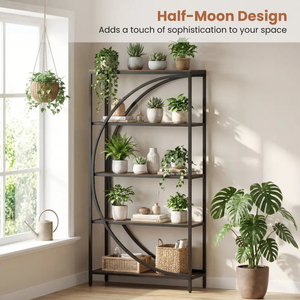 5-Tier Bookshelf with Half-Moon Shape for Living Room and Home Office-Rustic Brown - Rustic Brown - Bookcases