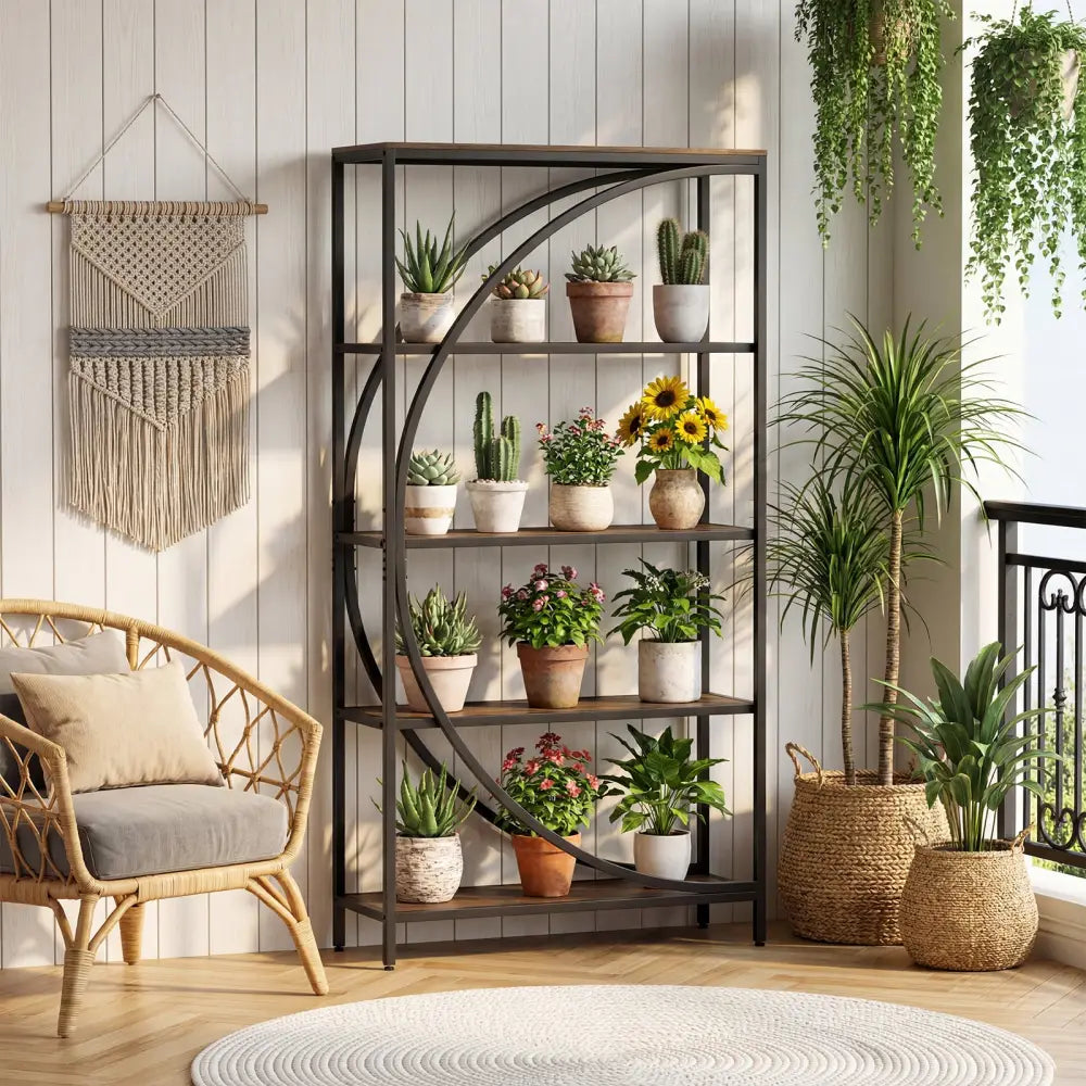 5-Tier Bookshelf with Half-Moon Shape for Living Room and Home Office-Rustic Brown - Rustic Brown - Bookcases