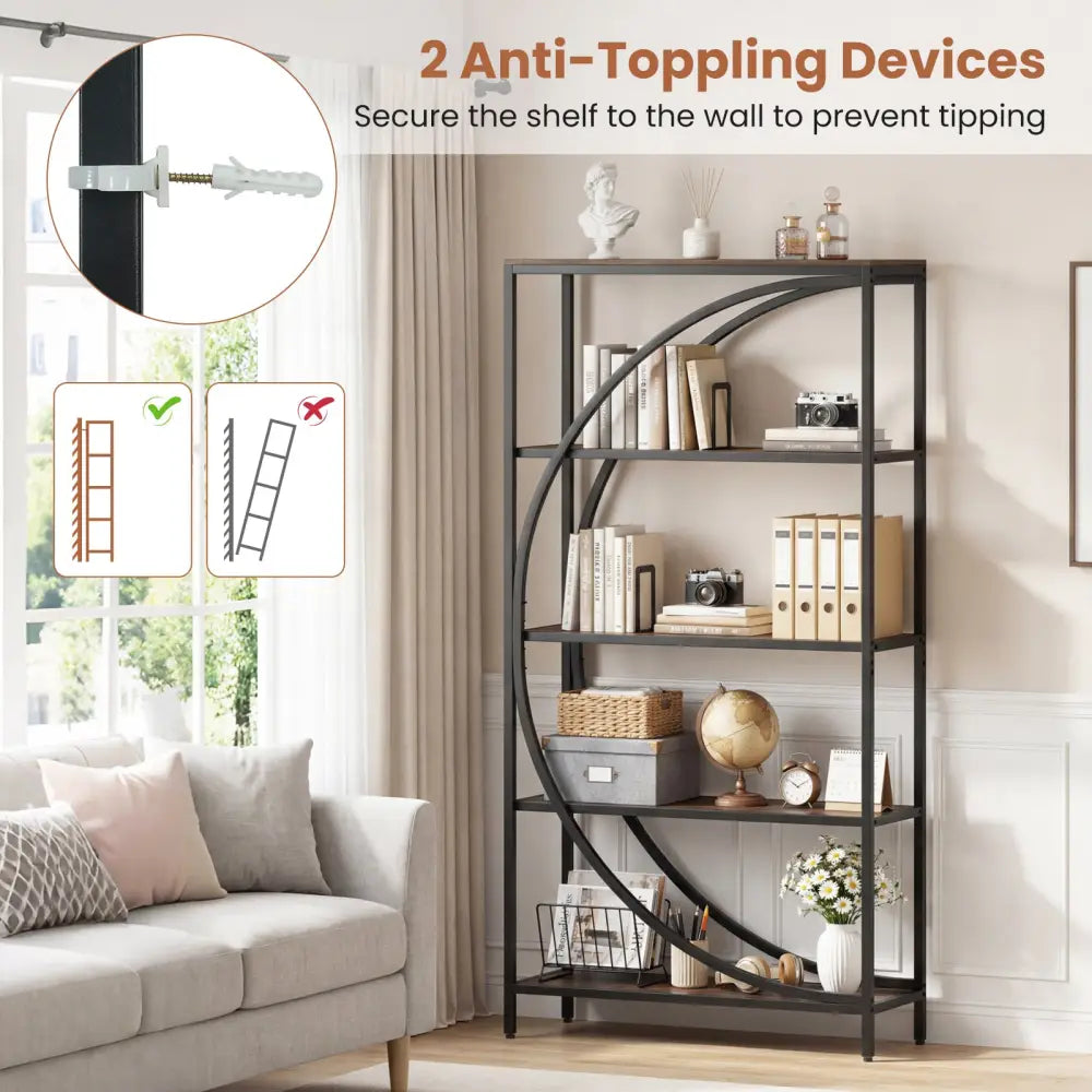 5-Tier Bookshelf with Half-Moon Shape for Living Room and Home Office-Rustic Brown - Rustic Brown - Bookcases
