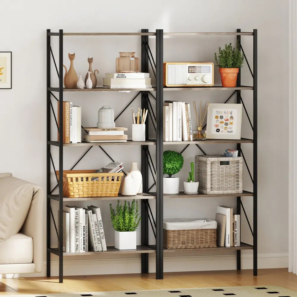 5-Tier Bookshelf with Open Shelves and Heavy Duty Metal Frame-Gray - Gray - Bookcases
