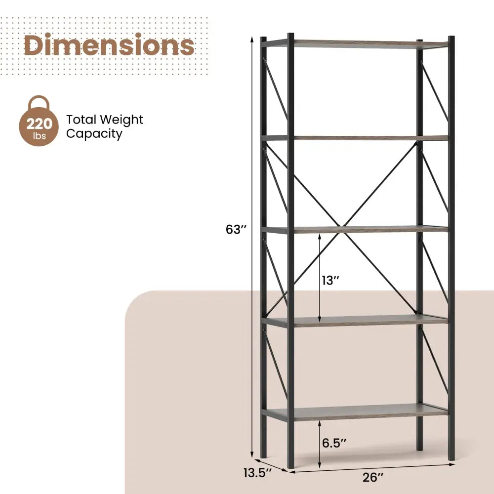 5-Tier Bookshelf with Open Shelves and Heavy Duty Metal Frame-Gray - Gray - Bookcases