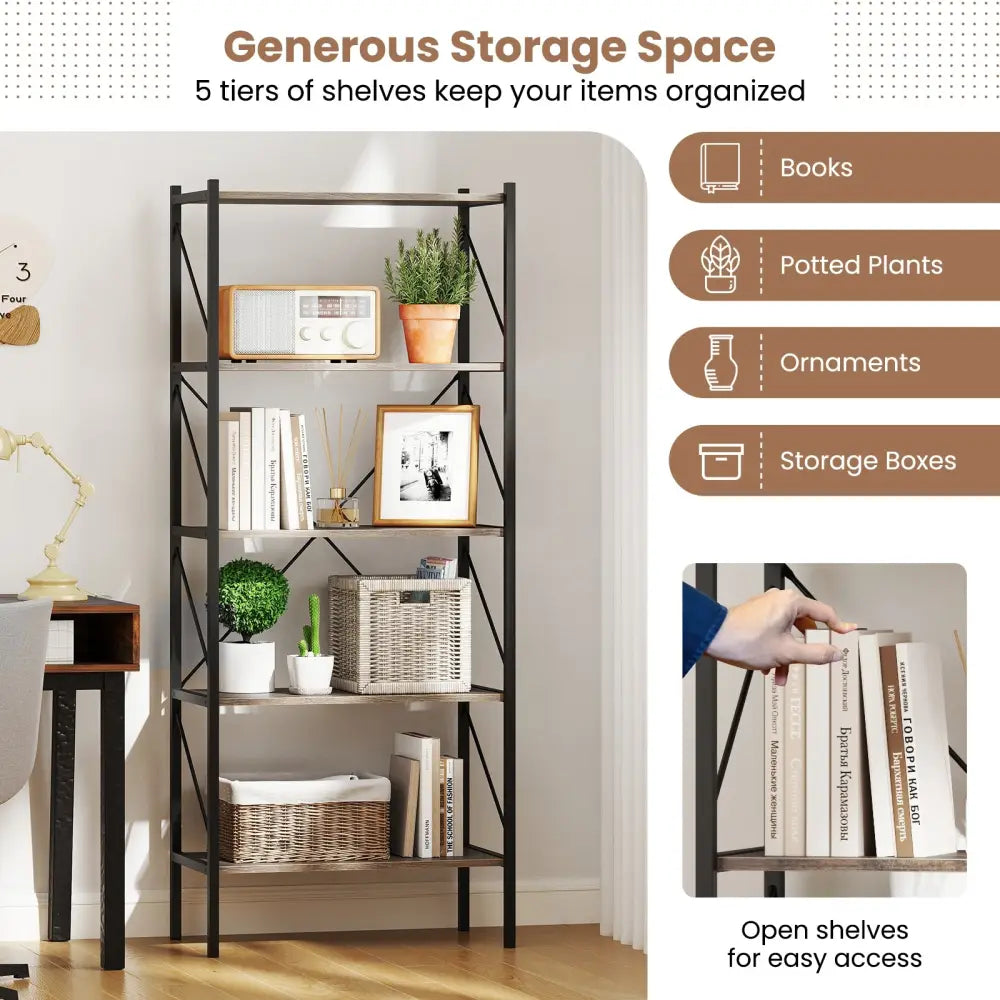 5-Tier Bookshelf with Open Shelves and Heavy Duty Metal Frame-Gray - Gray - Bookcases
