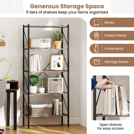 5-Tier Bookshelf with Open Shelves and Heavy Duty Metal Frame-Gray Costway