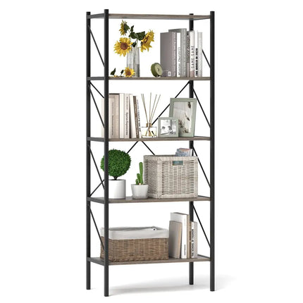 5-Tier Bookshelf with Open Shelves and Heavy Duty Metal Frame-Gray Costway